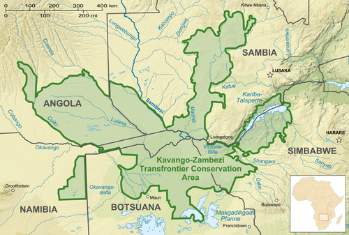 Mapa Kavango-Zambezi Přírodního území