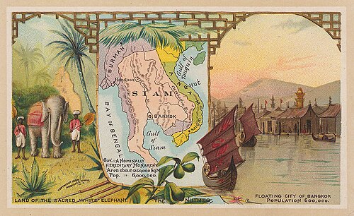 Království Siam - umělecká mapa Bangkok (1889)