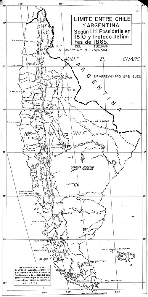 Hranice Chile-Argentina dle Uti Possidetis 1810 a smlouvy 1865