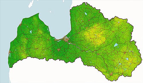 Lotyšsko fyzickogeografická mapa