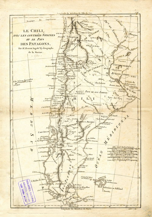 Chile se sousedními kraji a Patagonií, M. Bonne