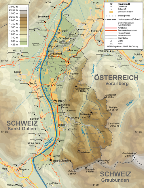 Topografická mapa Lichtenštejnska