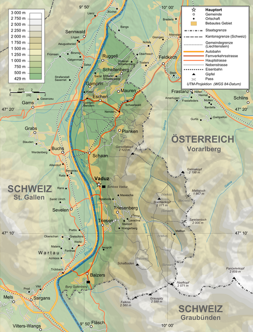Topografická mapa Lichtenštejnska