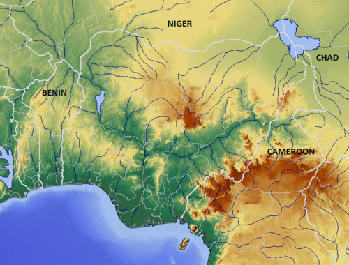 Mapa polohy Nigérie se reliéfem