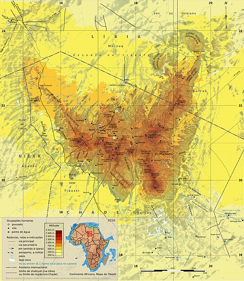 Topografická mapa pohoří Tibesti