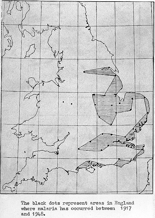 Malárie v Anglii - historická mapa