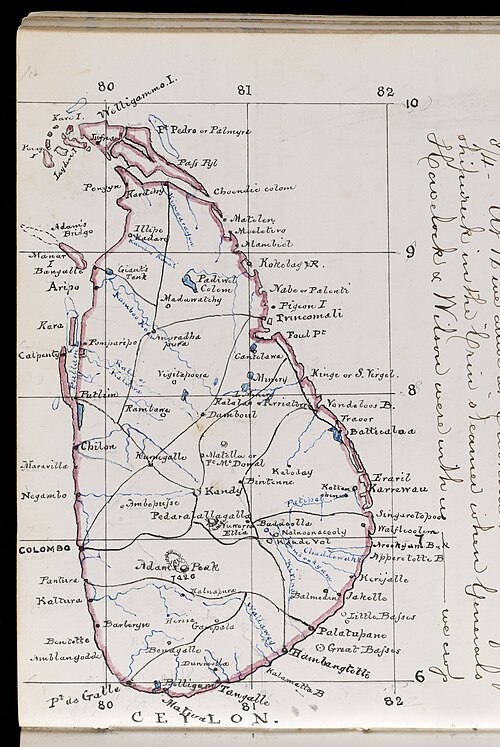 Rukopisná mapa Ceylánu (Srí Lanka)