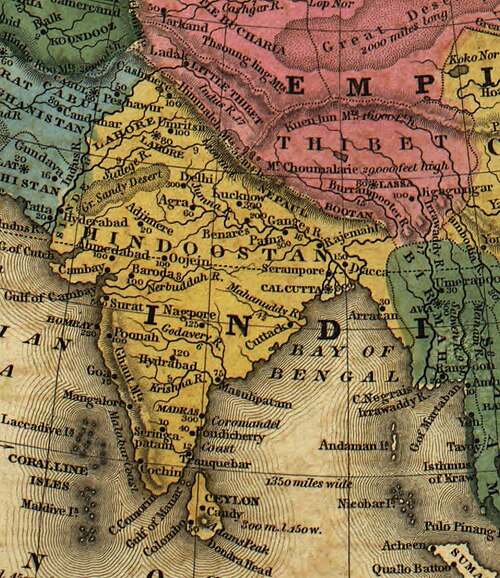 Mapa Tibetu s Lhasou a Indie 1839
