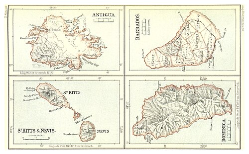 Mapa Antiguy, Barbadosu, St. Kittsu 1888