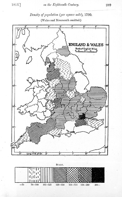 Mapa Anglie a Walesu - populace 1700s