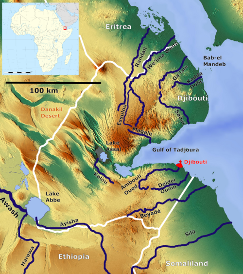 Mapa řek a vádí v Džibutsku (OSM)