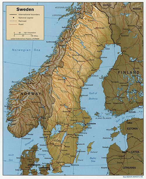 Mapa Švédska, CIA, 1996