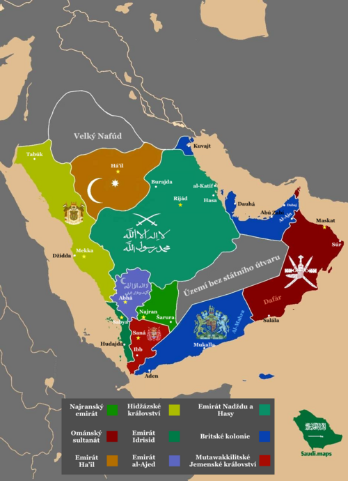 Mapa Arabského poloostrova 1918