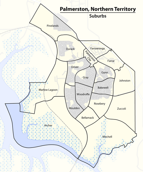 Mapa předměstí Palmerstonu, Severní území