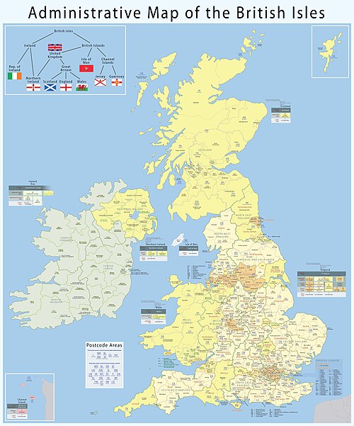 Správní geografie Brit. ostrovů s poštovními čísly