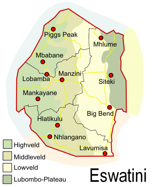 Mapa topografických zón Eswatini
