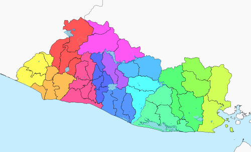 Mapa Salvádoru (municipa a departementy)