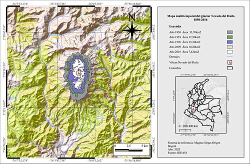 Multitemporální mapa ledovce Nevado del Huila