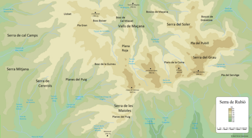 Topografická mapa Serra de Rubió