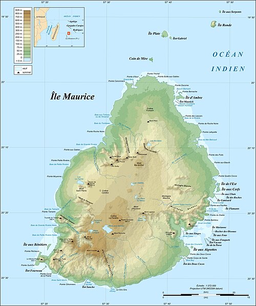 Topografická mapa ostrova Mauritia-fr