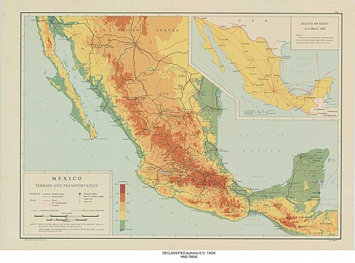 Mapa terénu a dopravy Mexika