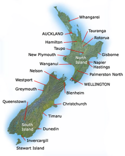 Topografická mapa NZ se středy obyvatel