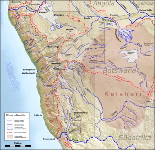 Mapa řek Namibie - relativní