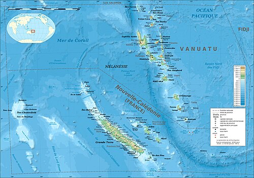 Batymetrická a topografická mapa Nové Kaledonie a Vanuatu