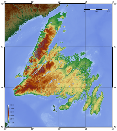 Topografická mapa Newfoundlandu