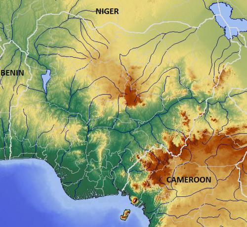 Mapa reliéfu Nigérie