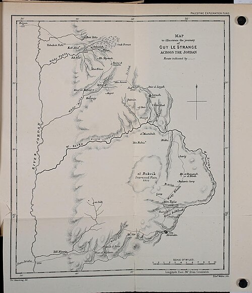 Mapa trasy Guy Le Strange přes Jordán