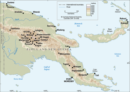 Mapa Papua Nové Guineje s barevným reliéfem