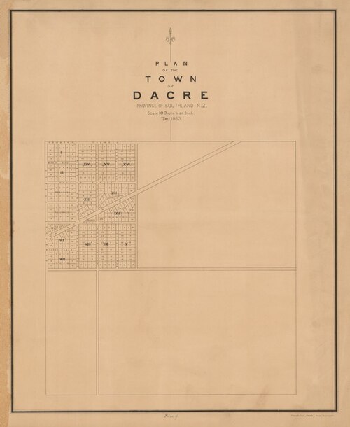 Plán města Dacre, Southland, N.Z. 1863