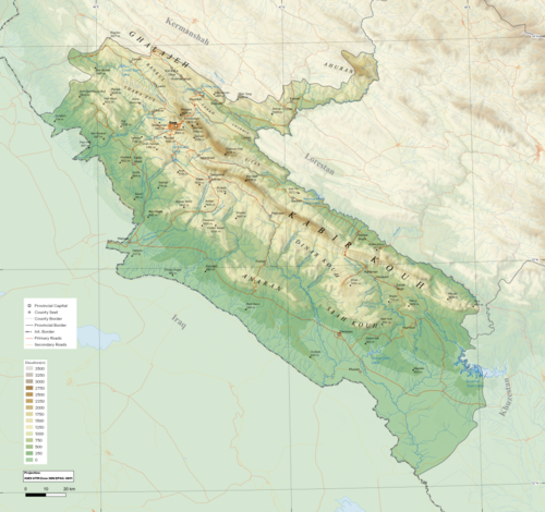 Mapa reliéfu provincie Ilám