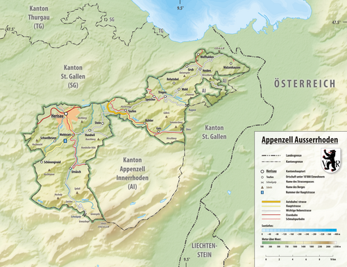 Reliéfní mapa kantonu Appenzell