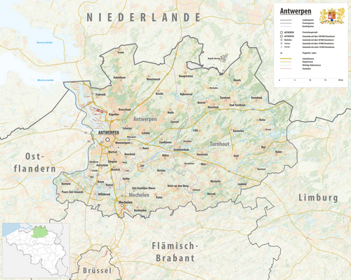 Reliéfní mapa provincie Antverpy 2025