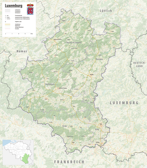 Reliéfní mapa provincie Lucemburk 2024