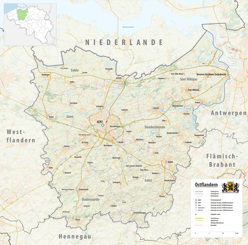 Reliéfní mapa provincie Východní Vlámsko 2025