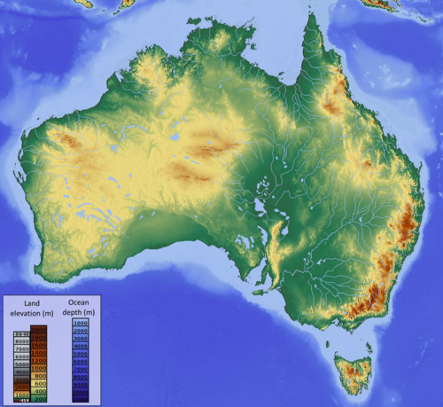 Reliéfní mapa Austrálie