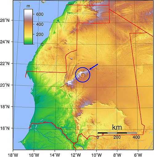 Richatská struktura v Mauritanii - topografická mapa