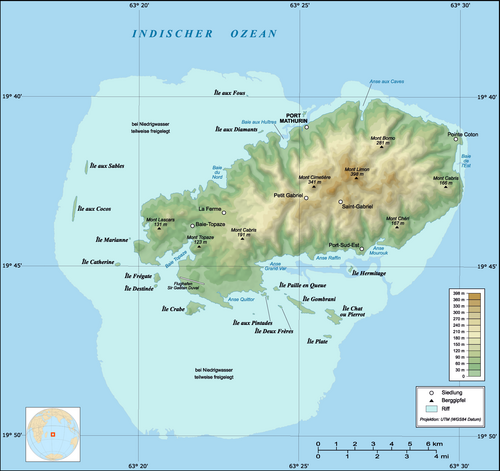 Topografická mapa ostrova Rodrigues-de