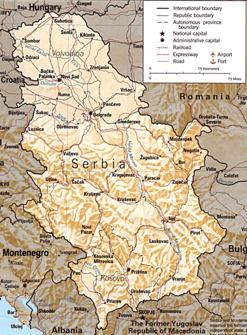 Mapa reliéfu Srbska