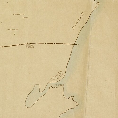 Skicovaná mapa Kataru a Bahrajnu v roce 1933 - Khawr al Udayd