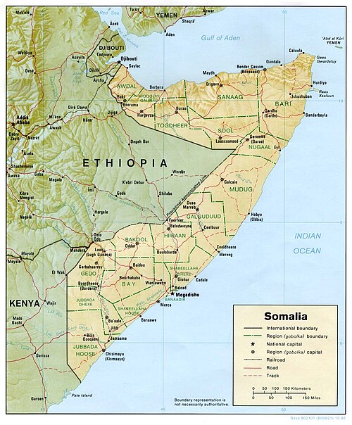 Reliéfní mapa Somálska 1992