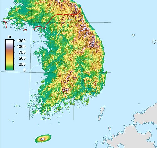 Mapa topografie Jižní Koreje