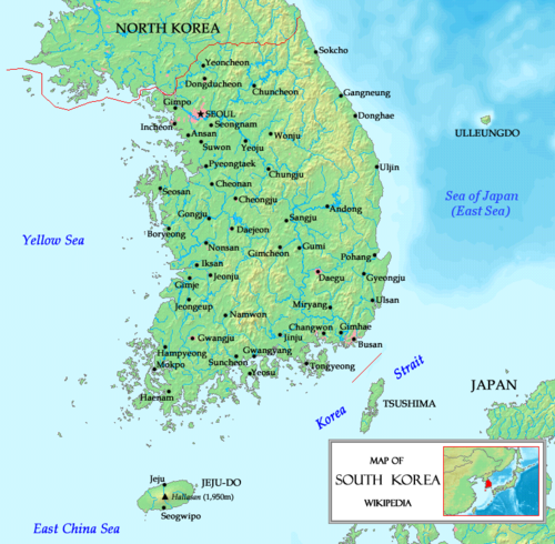 Mapa Jižní Koreje - angličtina