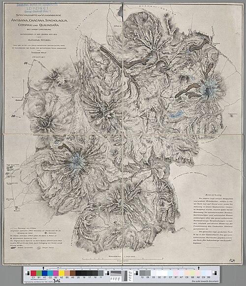 Speciální mapa vulkánů Antisana, Chacana, Sincholagua, Cotopaxi a Quilindaña