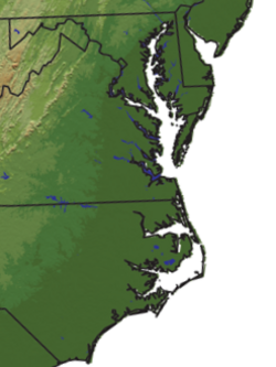 Mapa reliéfu regionu Tidewater