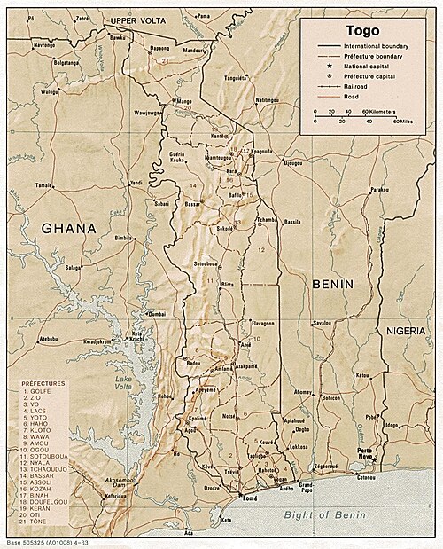Mapa reliéfu Togo 1983, CIA