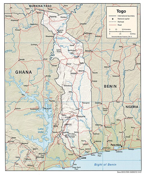 Mapa reliéfu Togo 2007, CIA